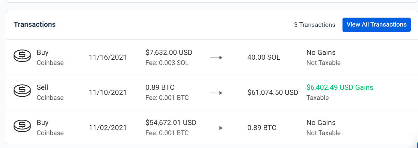 Screenshot showing TaxBit's real-time transaction reporting