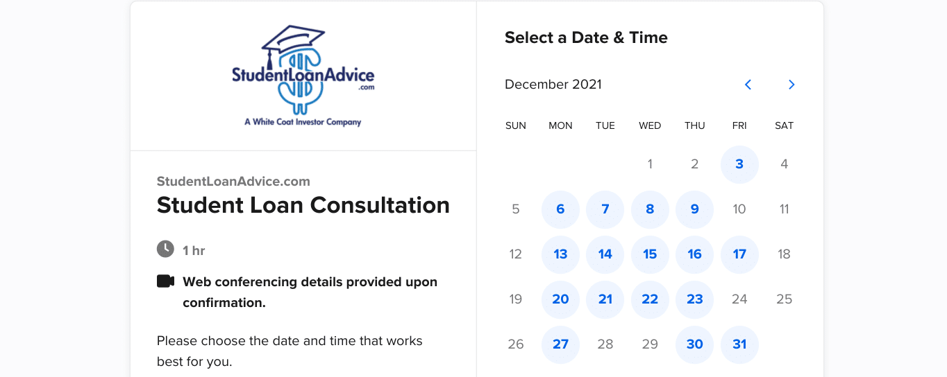 StudentLoanAdvice.com booking system screenshot